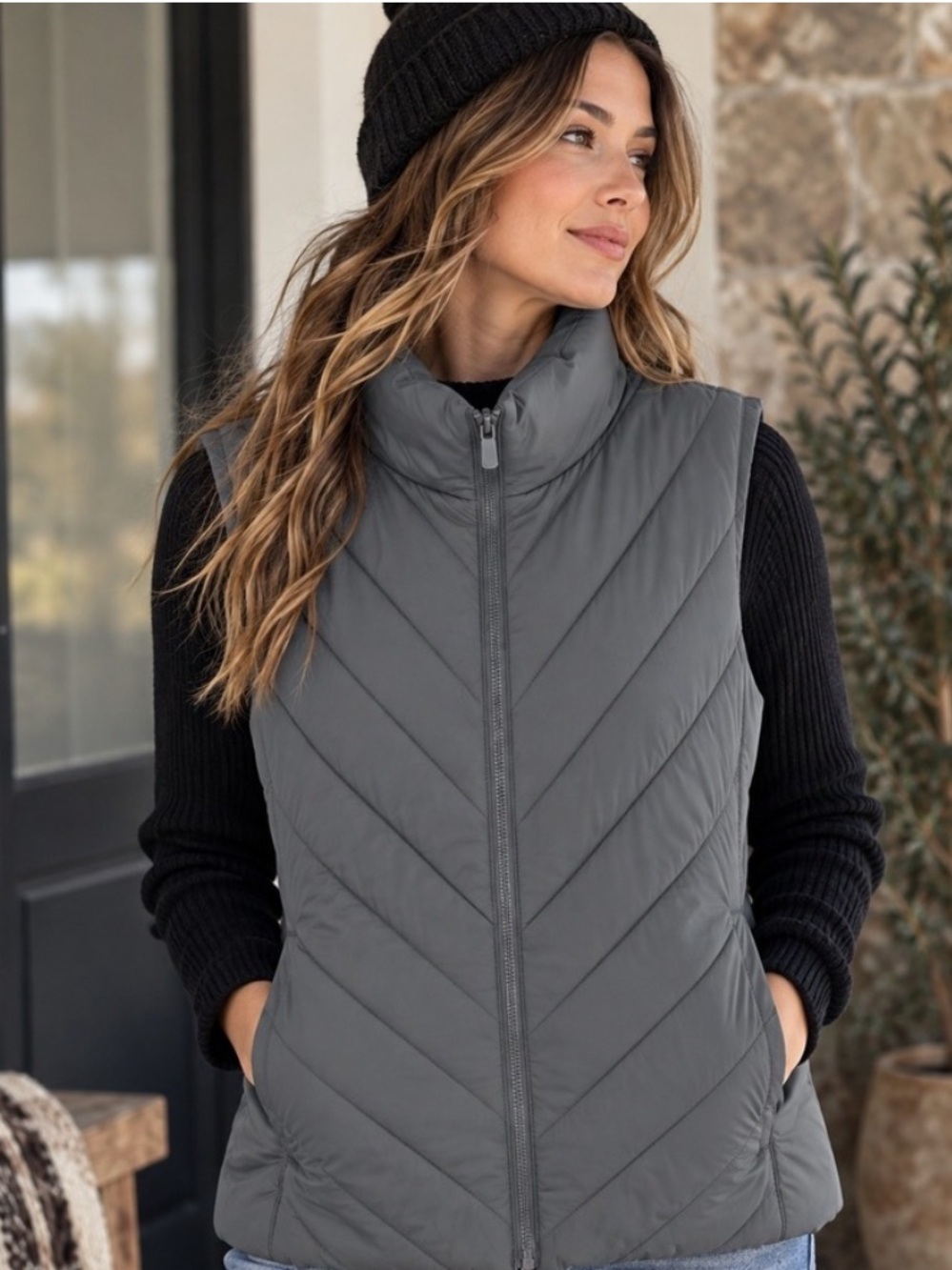 Lands' End Women's Quilted Puffer Vest - Dark Gray